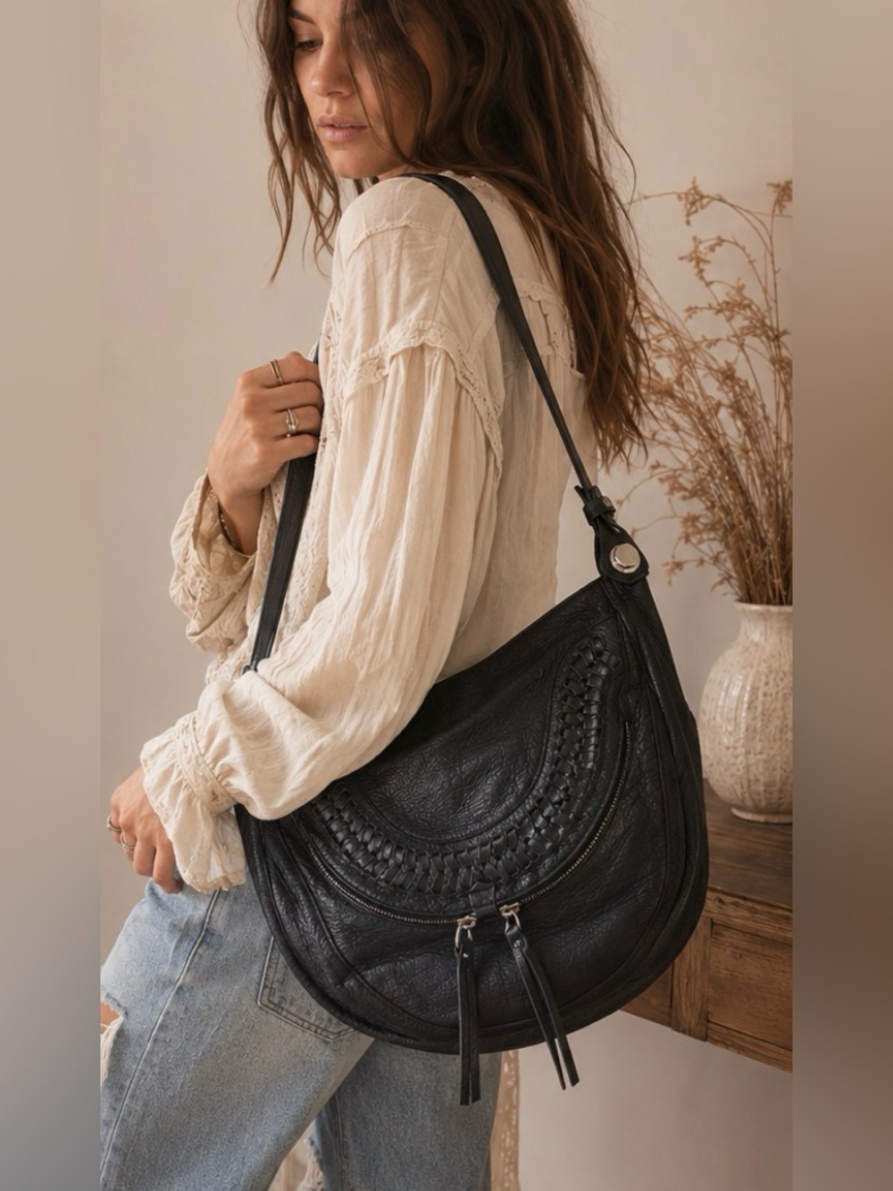 🖤 Free People Inspired Black ORYANY Leather Hobo Bag|Boho Festival Western Chic